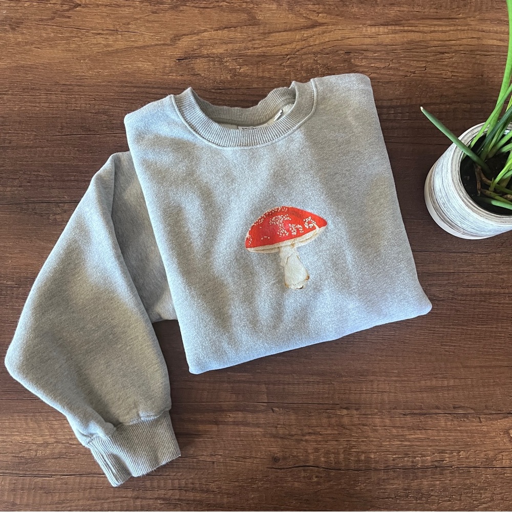 Aritzia TNA cozy fleece, crew neck mushroom sweat fleece. Heather grey